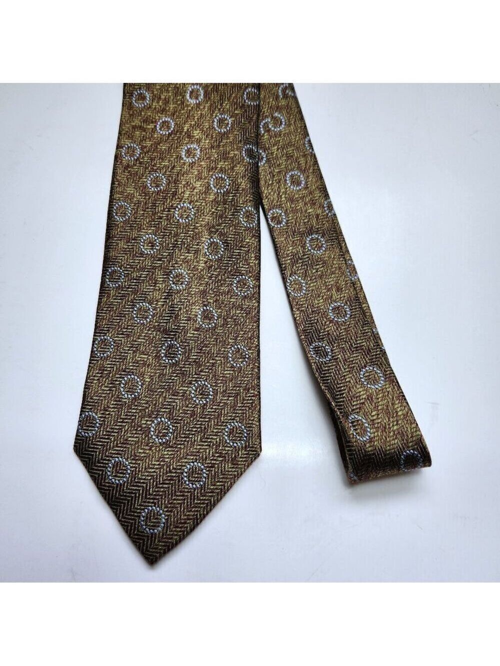 Ermenegildo Zegna Mens Neck Tie Silk Italy Gold/Brown Chevron Stripes Circles